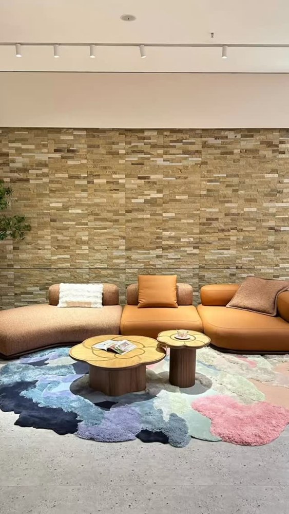 Tan Stone-Wall Curved Sofa